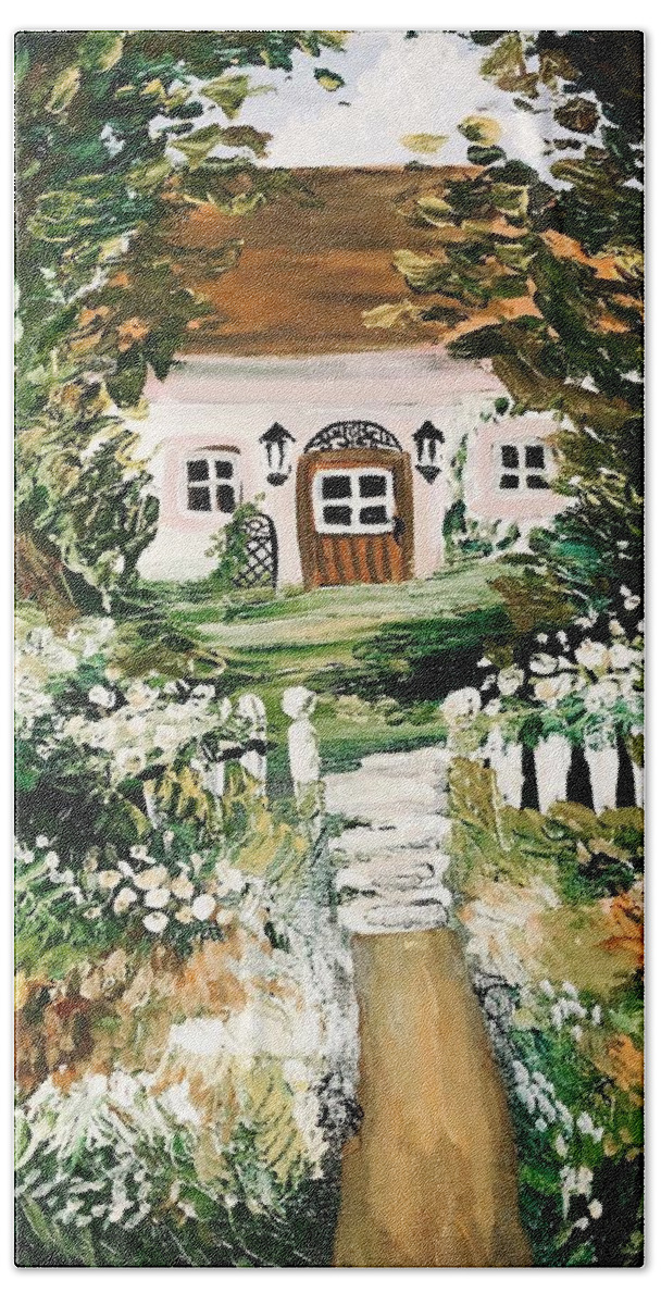 Home Decor House Landscape Woods Floral Flowers Cottage Dreamy Bath Towel featuring the painting Cottage in the woods by Meredith Palmer