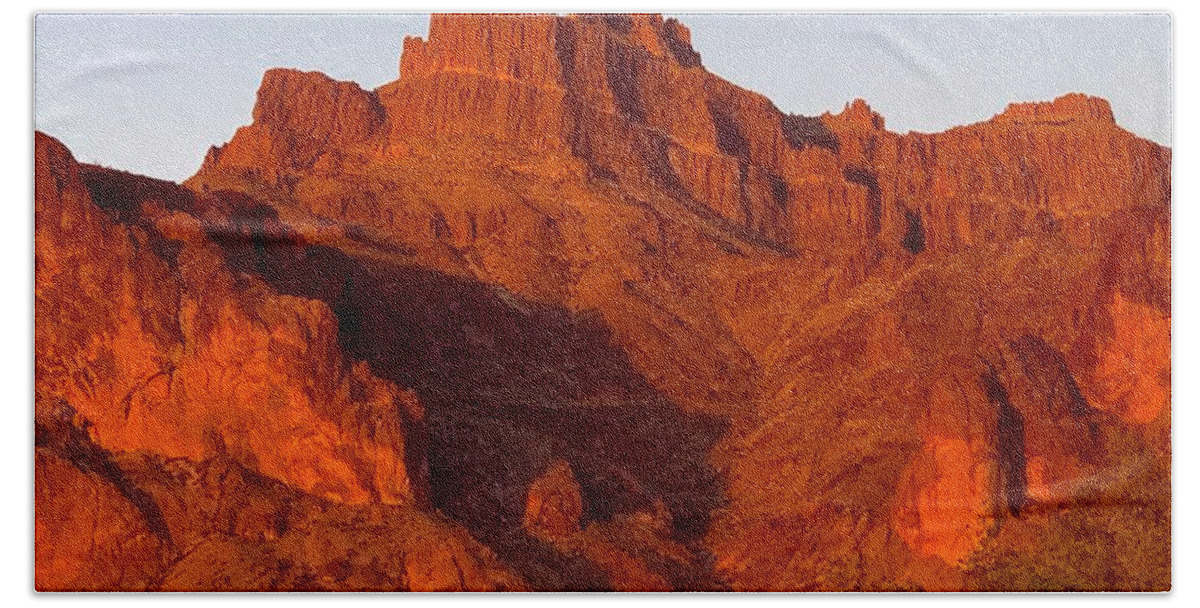 Cougar Shadow Catching Its Prey On The Superstition Mountains Bath Towel featuring the digital art Cougar Shadow Catching Its Prey On The Superstition Mountains by Tammy Keyes