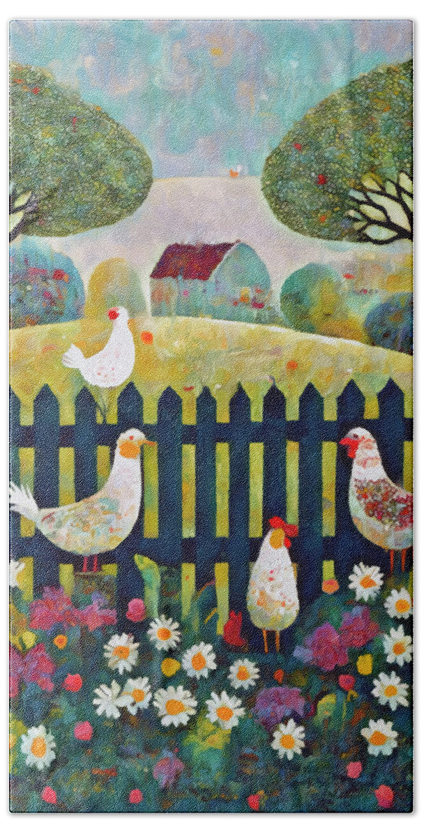 Country Cottage Bath Towel featuring the mixed media Country Cottage and Hens 1 by Ann Leech