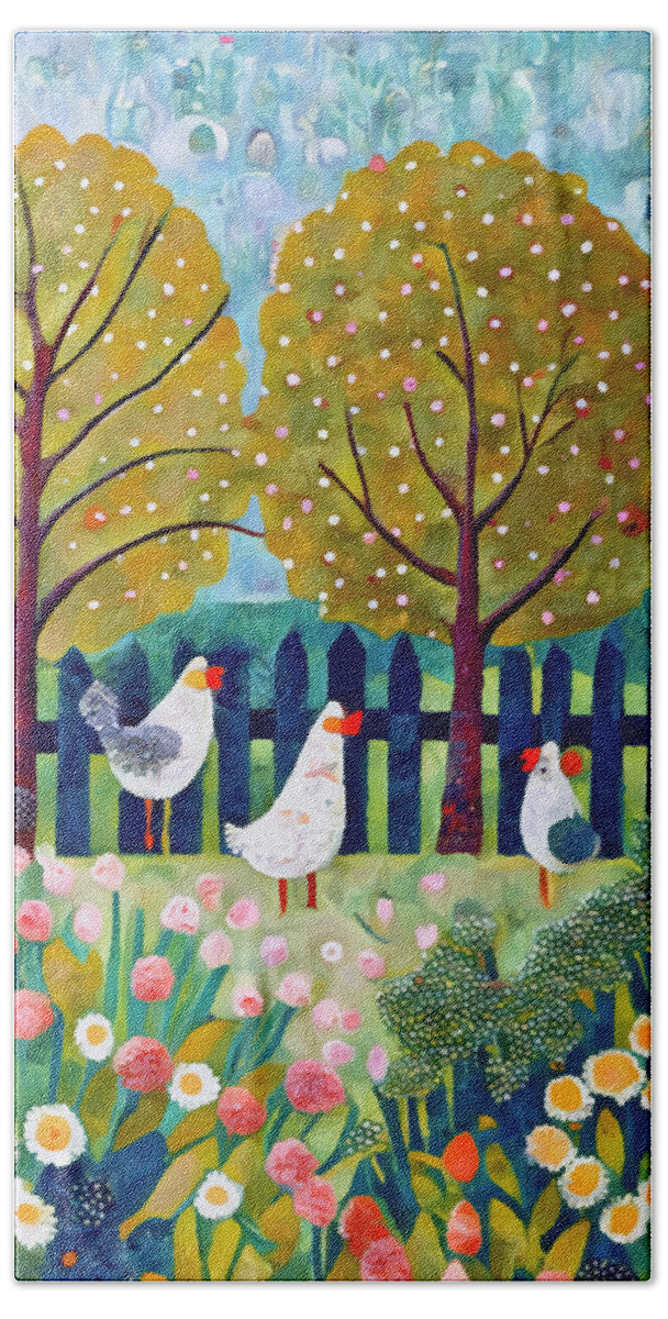 Hens Hand Towel featuring the mixed media Country Cottage and Hens 2 by Ann Leech