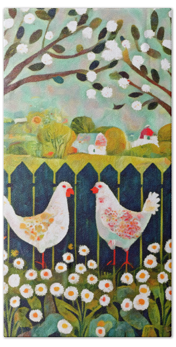 Country Cottage Bath Towel featuring the mixed media Country Cottage and Hens 3 by Ann Leech
