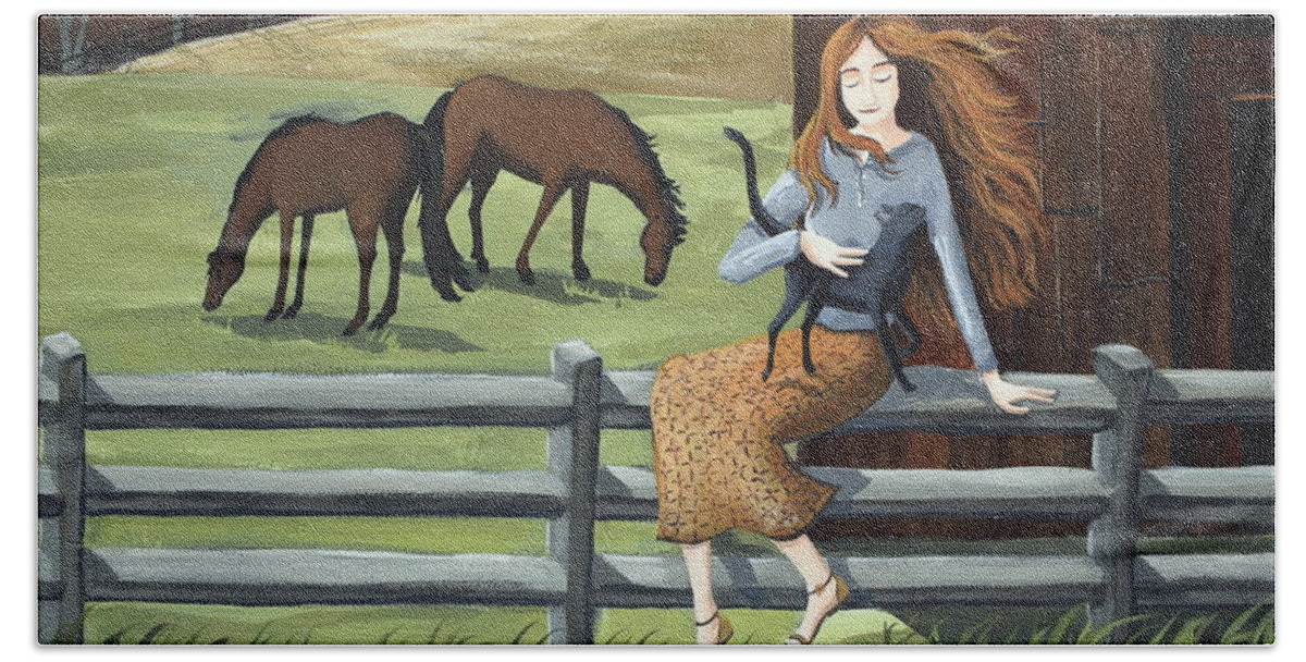 Country Bath Towel featuring the painting Country Girl farm horse cat by Debbie Criswell