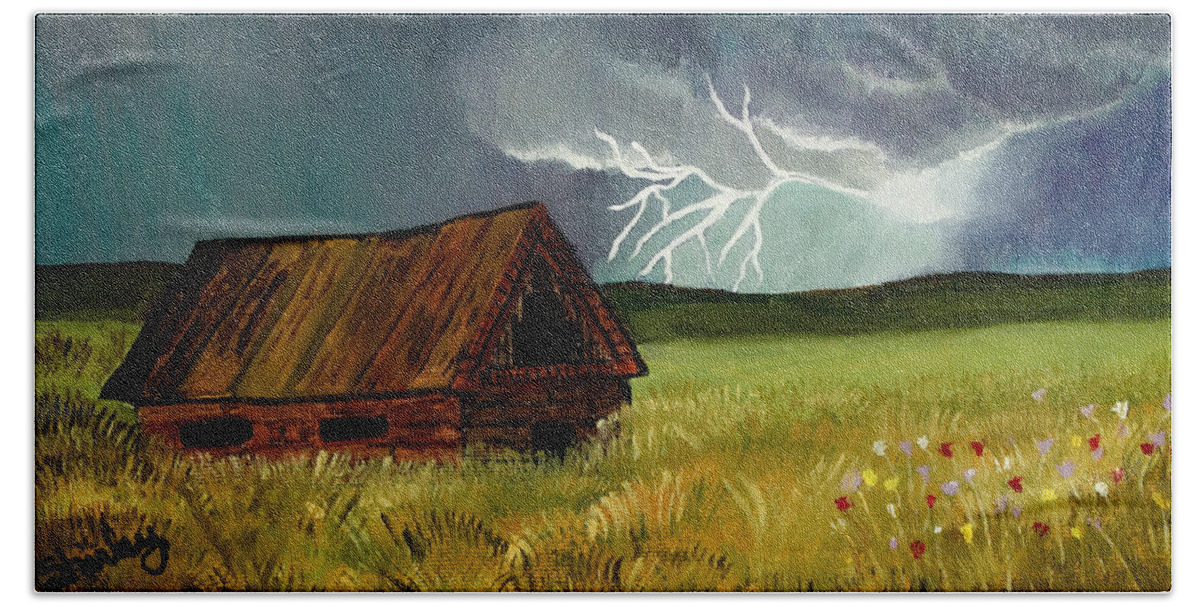 Storm Bath Towel featuring the painting Country Lightning by Shirley Dutchkowski