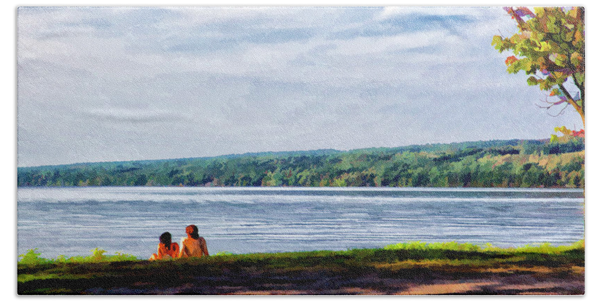 Cayuga Hand Towel featuring the photograph Couple at the Lake Shore by Monroe Payne