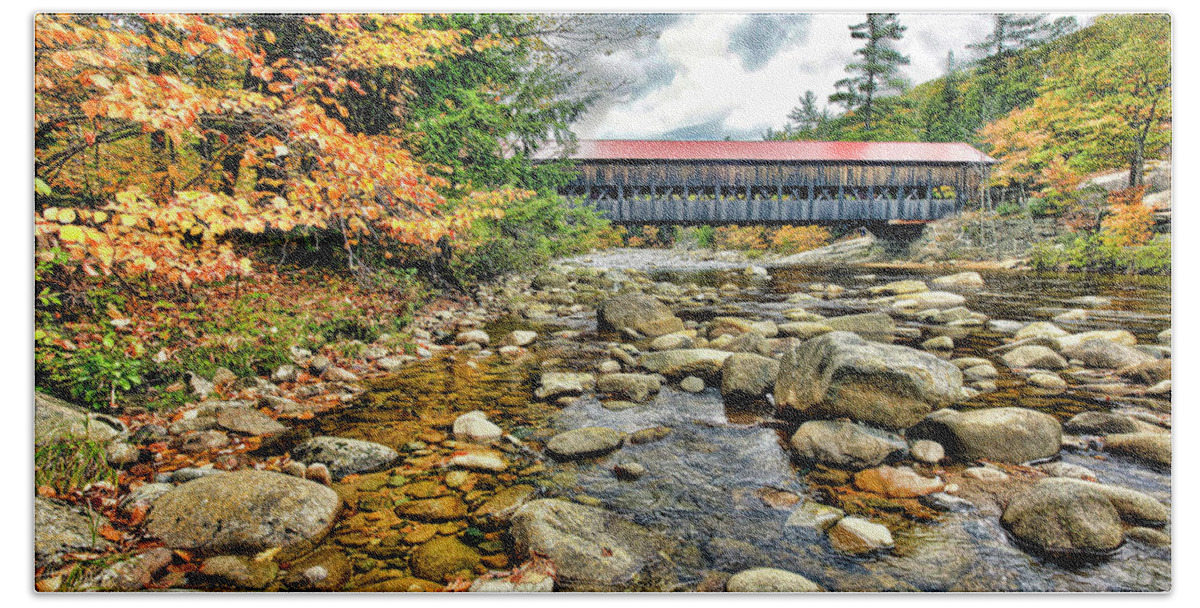 Mixed Media. Mixed Media Photography. Mixed Media Fall Colors In New Hampshire. . New Hampshire. Fine Art Photography . New Hampshire Fall Colors. Cover Bridge New Hampshire. New Hampshire Cover Bridge In Fall Colors. Fall Colors Greeting Cards. Fine Art Greeting Cards. Rivers In Nh. Fine Art Photography New Hampshire Fall Colors. Rocks. River. Wall Art. Gallery Art.  Notecards Hand Towel featuring the photograph Covered Bridge In New Hampshire by James Steele