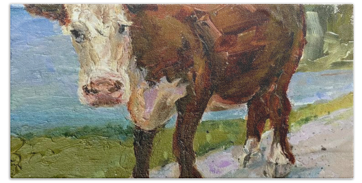 New Zealand Hand Towel featuring the painting Cow by Margaret Elliott