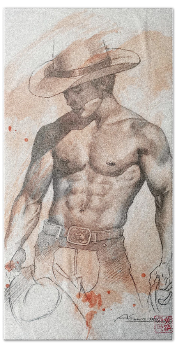 Cowboy Hand Towel featuring the drawing Cowboy #20028 by Hongtao Huang