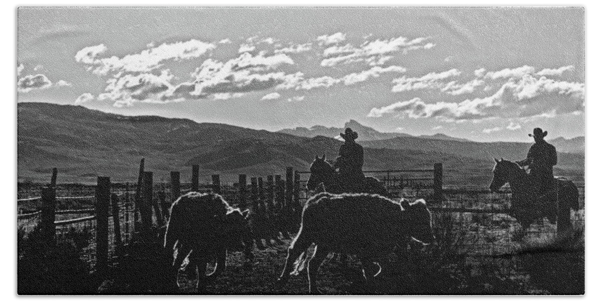 Ranch Bath Towel featuring the photograph Cowboys gatthering cows by Julieta Belmont