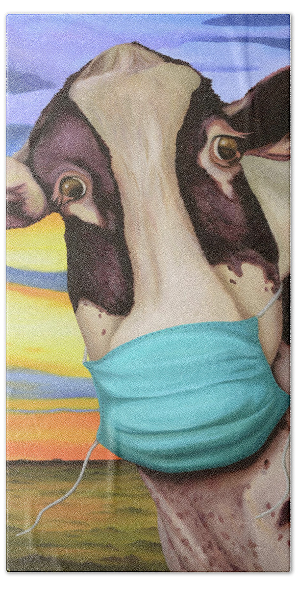 Cow Bath Towel featuring the painting Cowvid 19 by Leah Saulnier The Painting Maniac