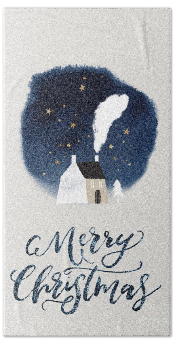 Cozy Winter Night Hand Towel featuring the painting Cozy Winter Night Watercolor Art Christmas Holiday by Modern Art