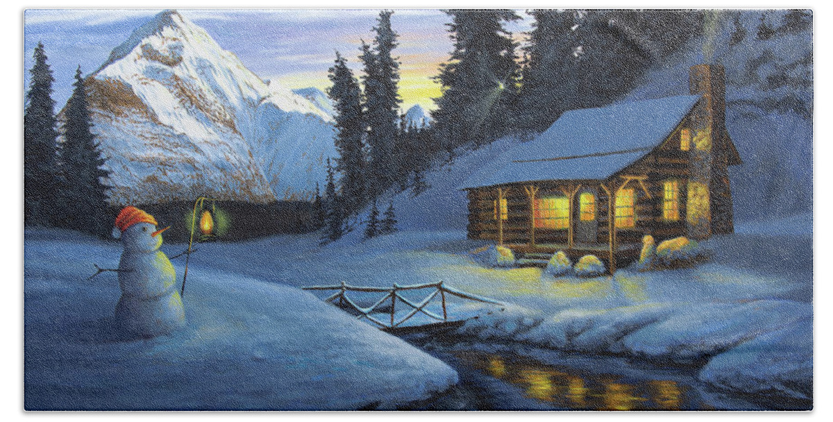 Winter Bath Towel featuring the painting Cozy Winter Retreat by Anthony J Padgett