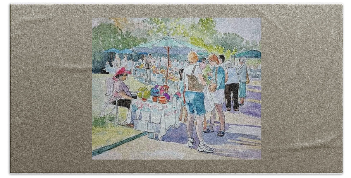 Line & Wash. Hand Towel featuring the painting Craft Market by Sandie Croft
