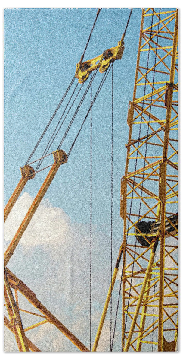 Crane Construction Metal Yellow Bath Towel featuring the photograph Crane by John Linnemeyer