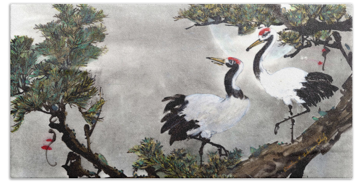 Crane Hand Towel featuring the painting Cranes Resting on Pine by Charlene Fuhrman-Schulz