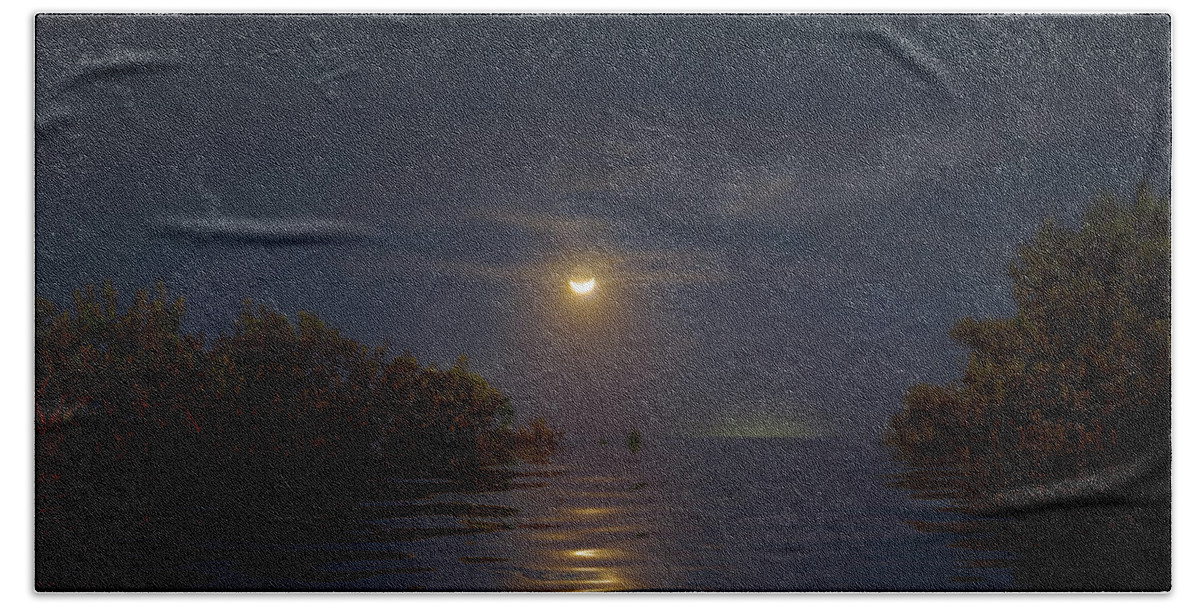 Moon Bath Towel featuring the photograph Crescent Moon Over Florida Bay by Mark Andrew Thomas