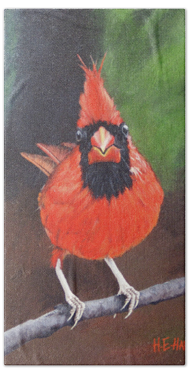 Northern Cardinal Hand Towel featuring the painting Crested Messenger by Heather E Harman