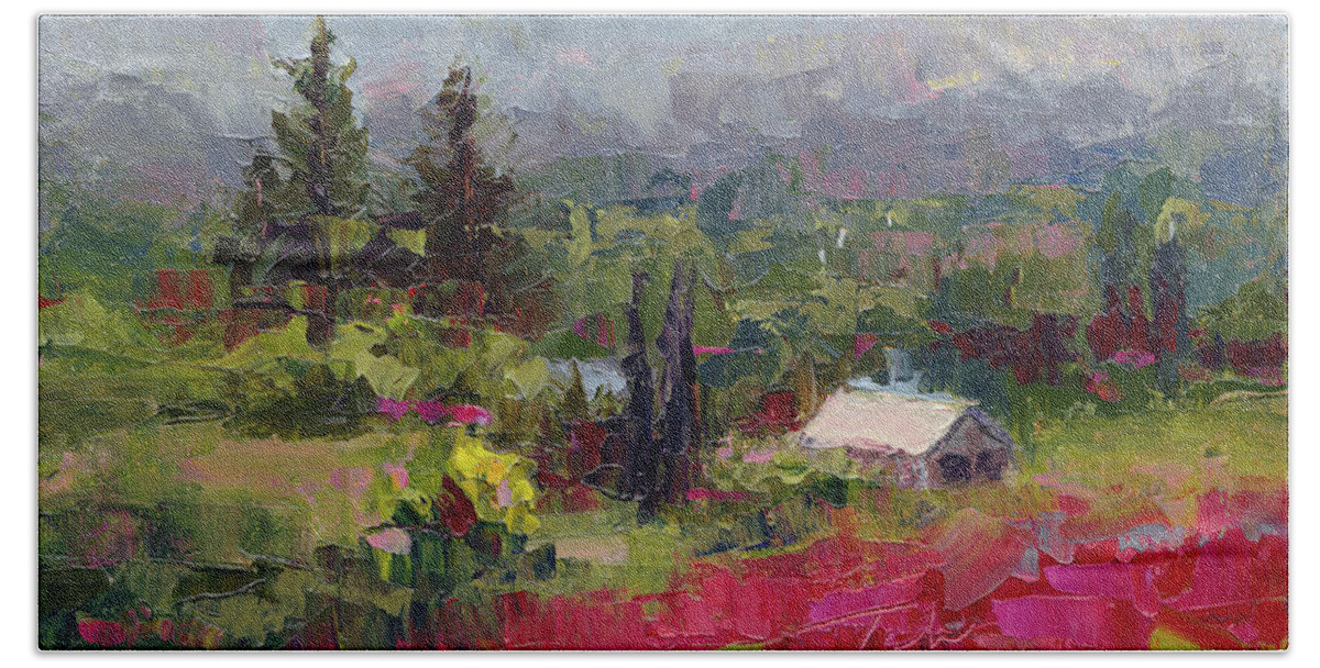 Clover Hand Towel featuring the painting Crimson Hillside - plein air palette knife painting by Talya Johnson