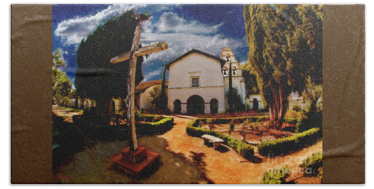 San Juan Bautista Mission Bath Towel featuring the photograph Cross In Front Of San Juan Bautista Mission in California by Blake Richards