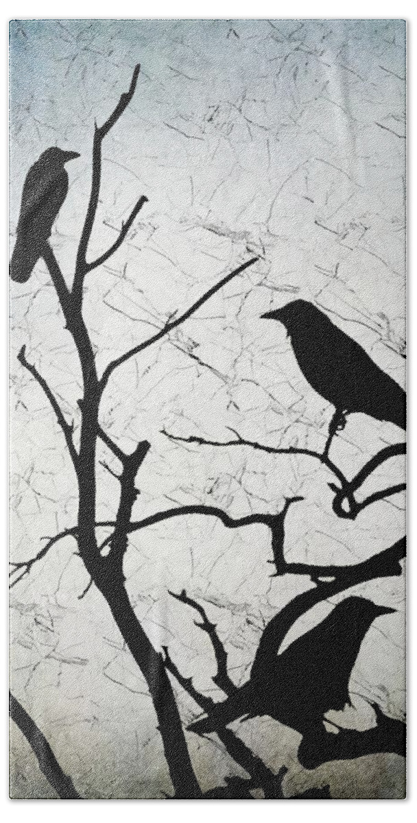 Bird Bath Towel featuring the digital art Crow Birds on Tree Bird 91 by Lucie Dumas