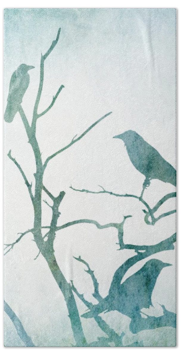 Bird Bath Towel featuring the digital art Crow Birds on Tree Bird 93 by Lucie Dumas