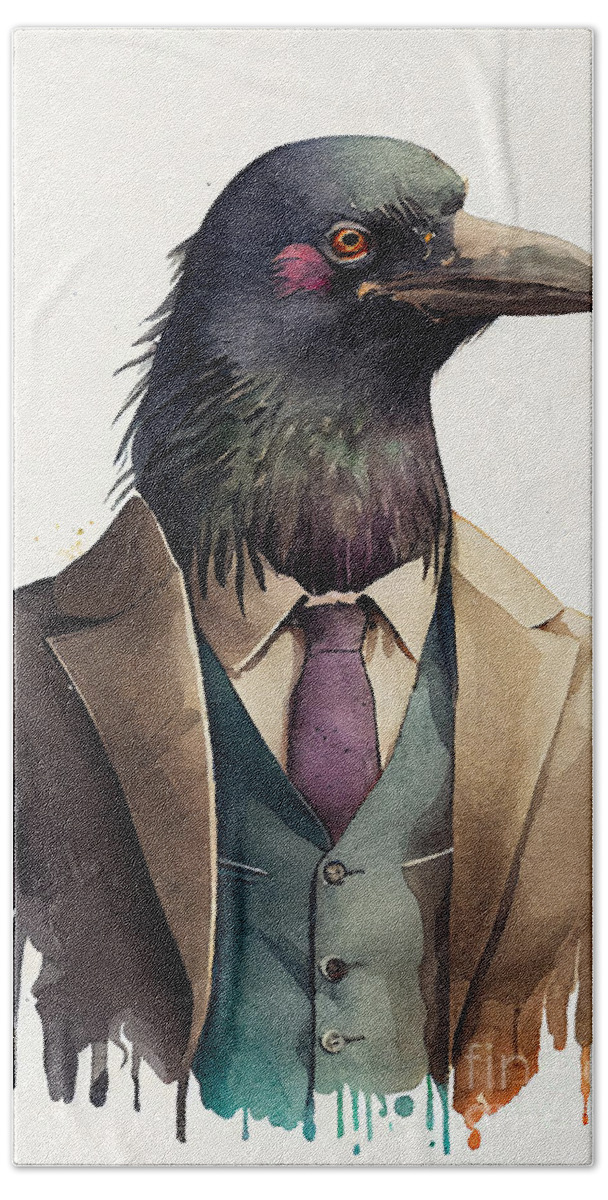 Crow Hand Towel featuring the painting Crow in Suit Watercolor Hipster Animal Retro Costume by Jeff Creation