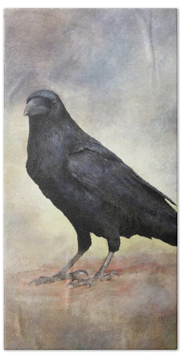 Bird Bath Towel featuring the mixed media Crow Raven Bird 88 by Lucie Dumas