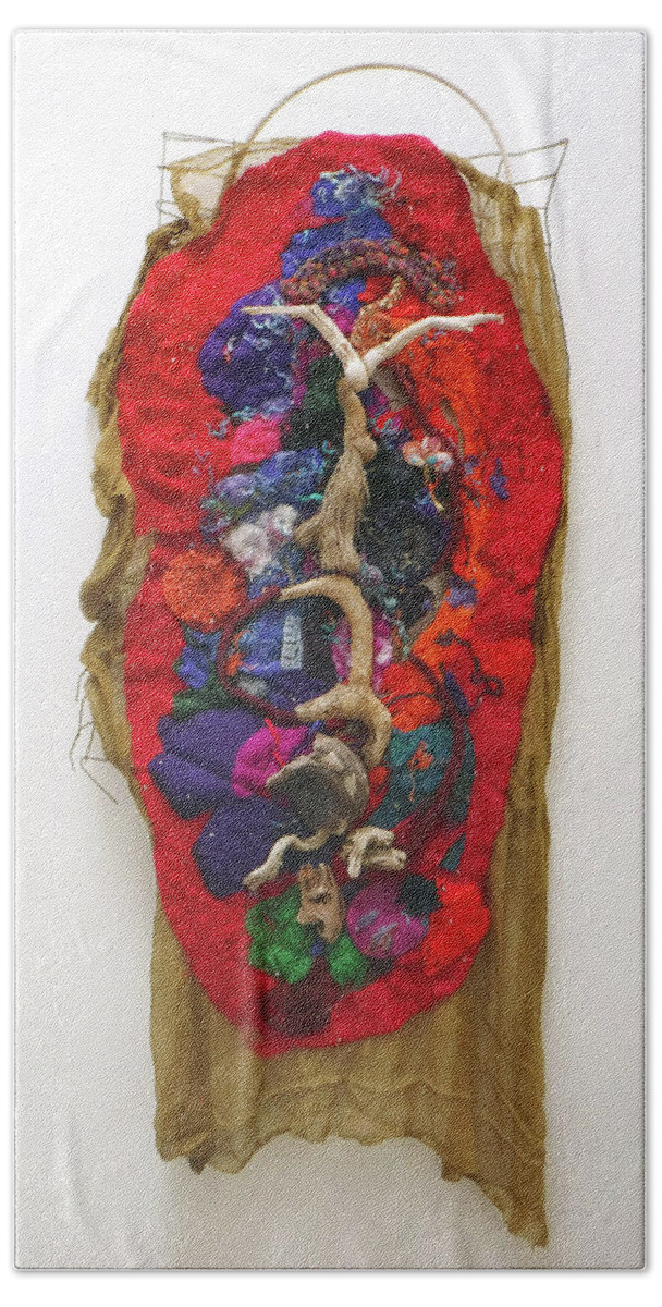 Abstract Fiber Wall Sculpture Crucifixion Jesus Red Purple Handmade Felt Driftwood Shroud Silver Beads Christ Tear.  Hand Towel featuring the tapestry - textile Crucifixion by Sylvia Greer