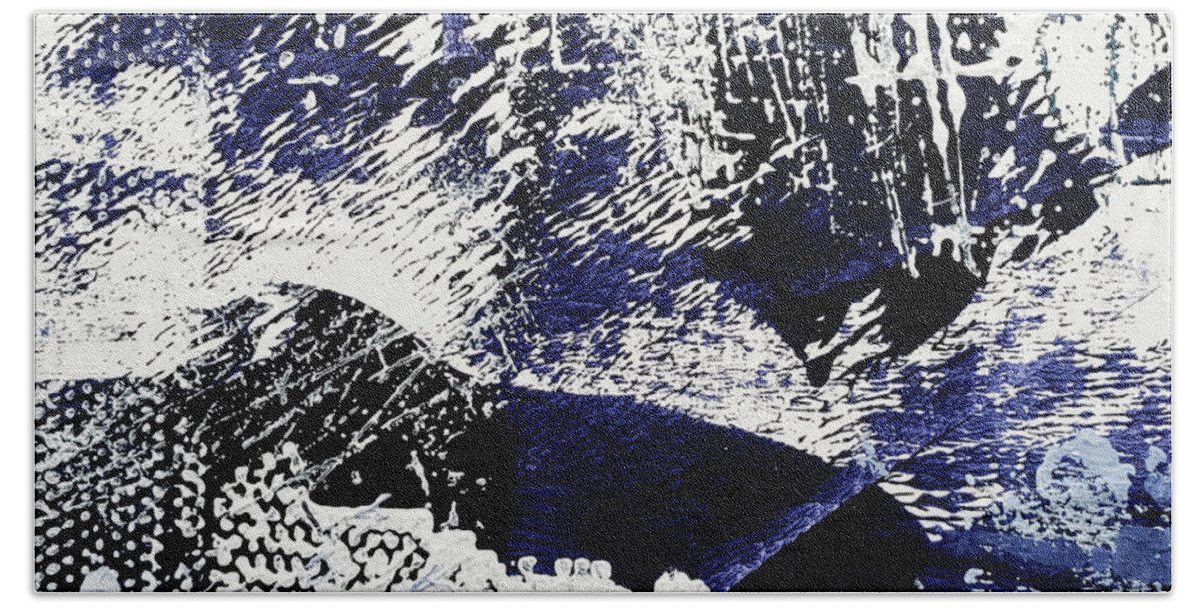 Indigo Hand Towel featuring the painting CRYSTALIZED Indigo Blue and White Abstract by Lynnie Lang