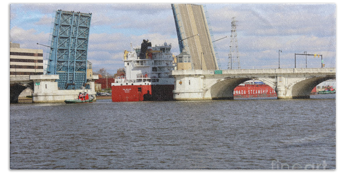Canada Steamship Lines Bath Towel featuring the photograph CSL Welland Passes Through Martin Luther King Bridge in Toledo Ohio 2771 by Jack Schultz