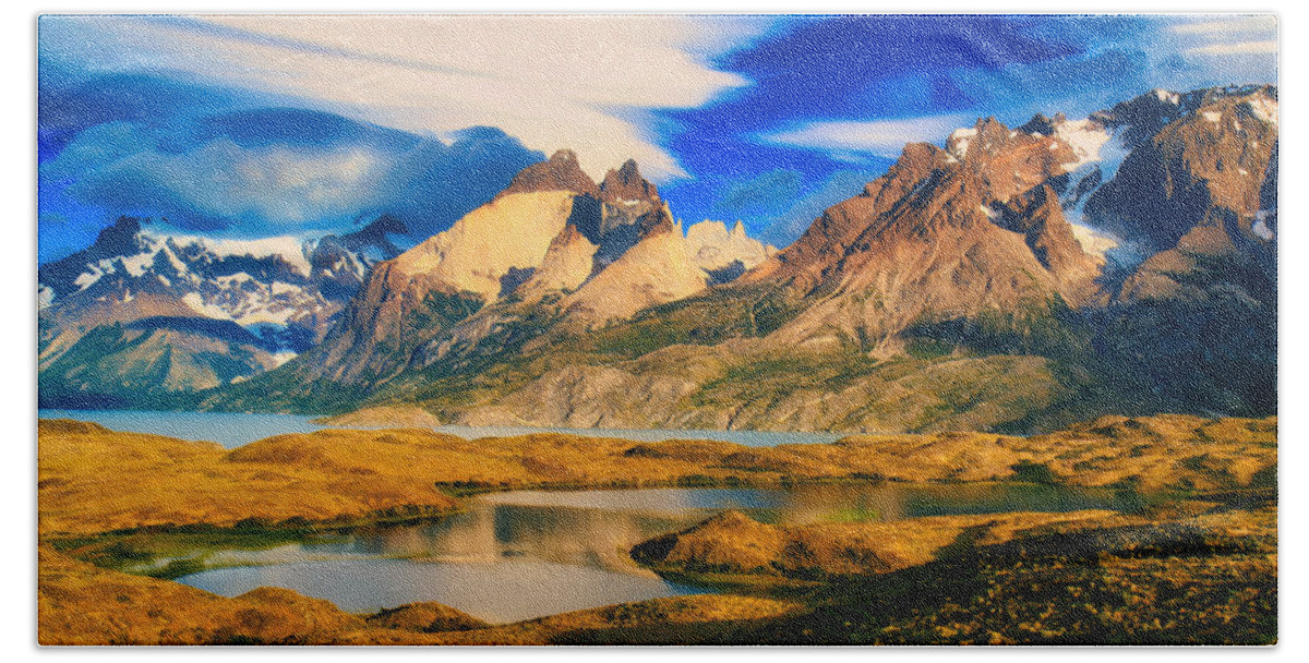 Lenticular Cloud Hand Towel featuring the photograph Cuernos del Pain and Almirante Nieto in Patagonia by Bruce Block