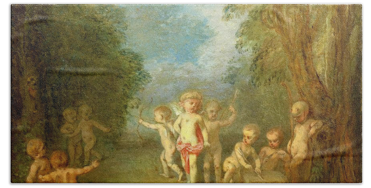 Cupid Disarmed Bath Towel featuring the painting Cupid Disarmed by Antoine Wattteau