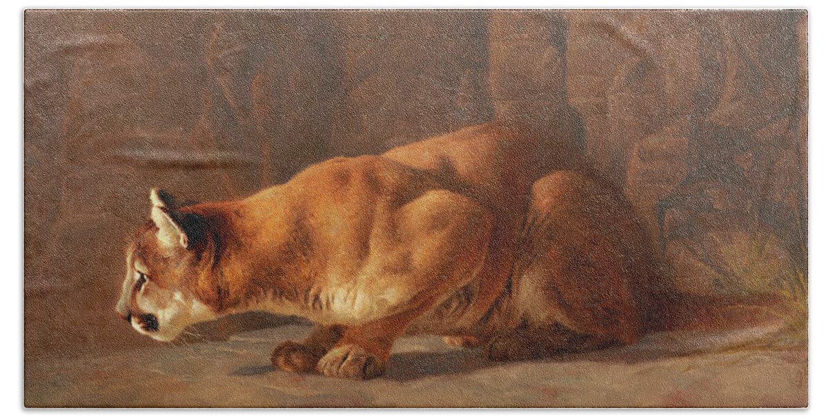 Cougar Bath Towel featuring the painting Curious II by Greg Beecham
