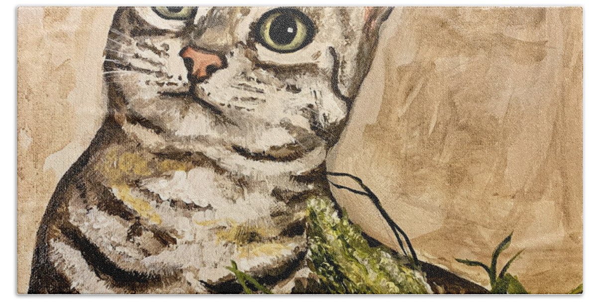 Cat Hand Towel featuring the painting Curious by Lynn Shaffer
