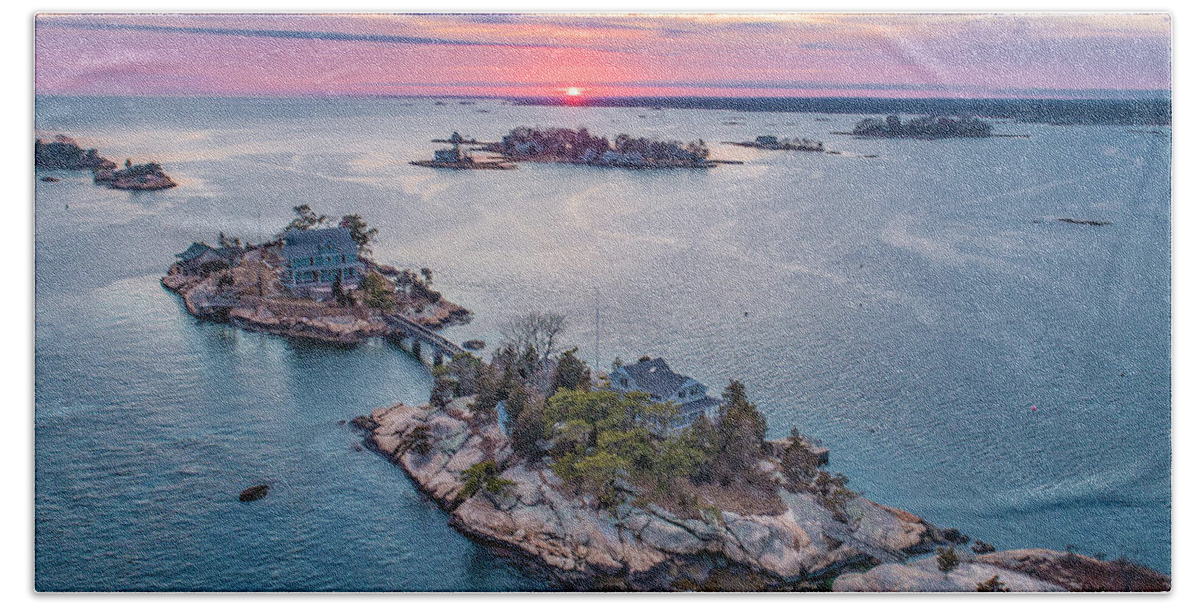 Thimble Islands Bath Towel featuring the photograph Cut in Two Island by Veterans Aerial Media LLC