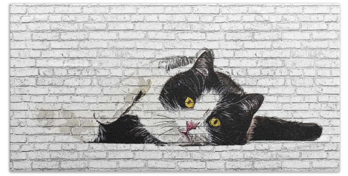 Charming Bath Towel featuring the painting Cute and Charming, Black and White Cat - Brick Block Background by Custom Pet Portrait Art Studio