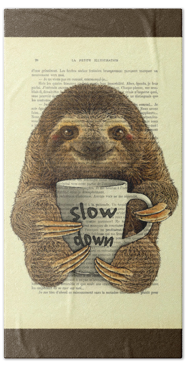 Sloth Hand Towel featuring the digital art Cute baby sloth with coffee mug Slow down quote by Madame Memento