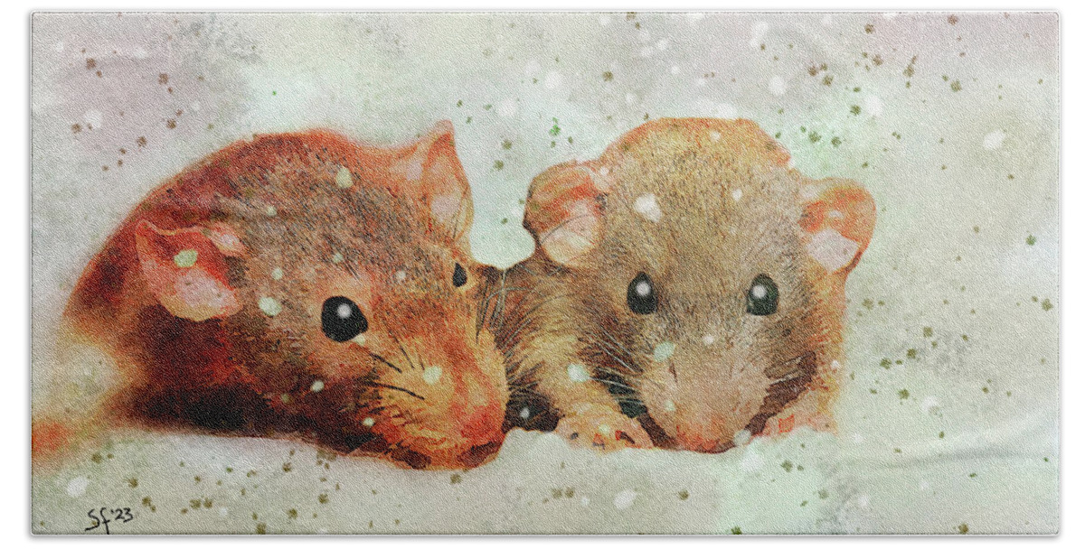 Cute Bath Towel featuring the digital art Cute Mice Watercolor Painting by Shelli Fitzpatrick