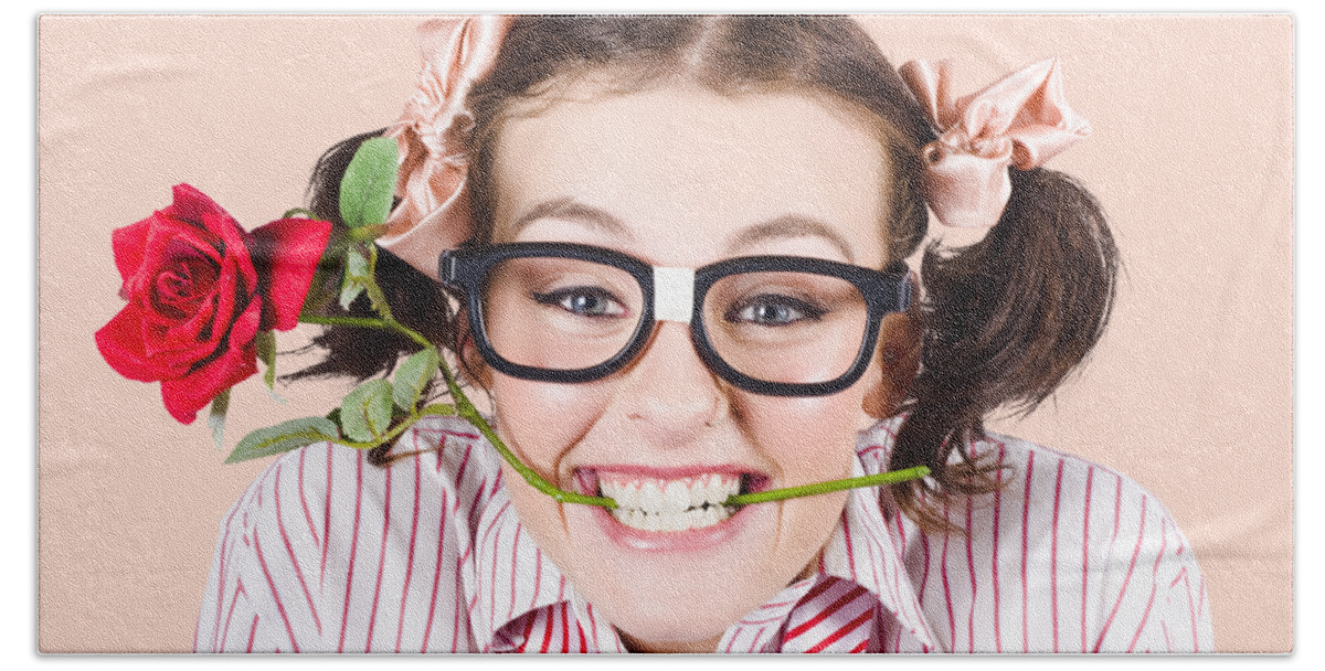 Funny Bath Towel featuring the photograph Cute Smiling Woman Wearing Nerd Glasses With Rose by Jorgo Photography