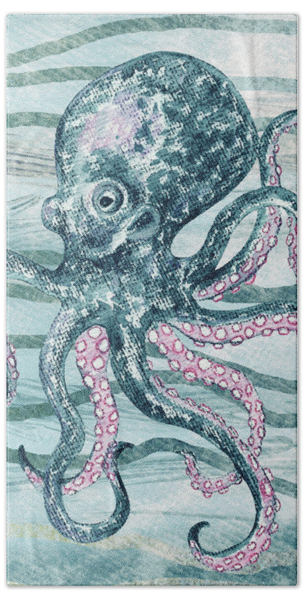 Octopus Bath Towel featuring the painting Cute Teal Blue Watercolor Octopus On Calm Wave Beach Art by Irina Sztukowski