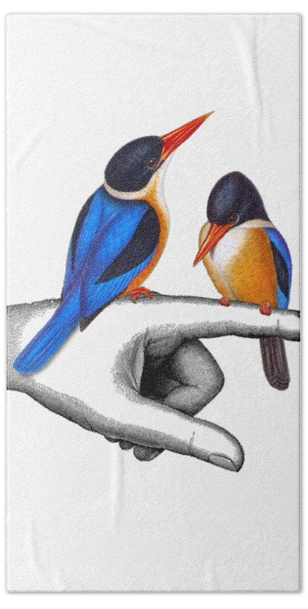 Kingfisher Hand Towel featuring the digital art Cute Together by Madame Memento