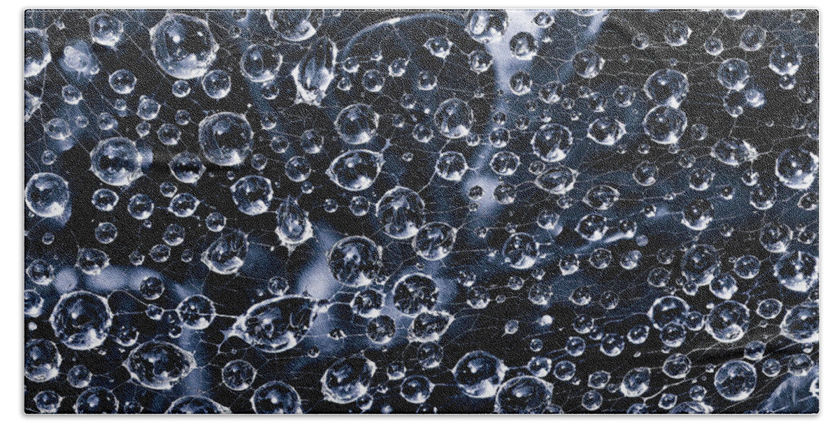 Clinging Bath Towel featuring the photograph Cyanotype Spider Web Close-up with Dew Drops by Charles Floyd