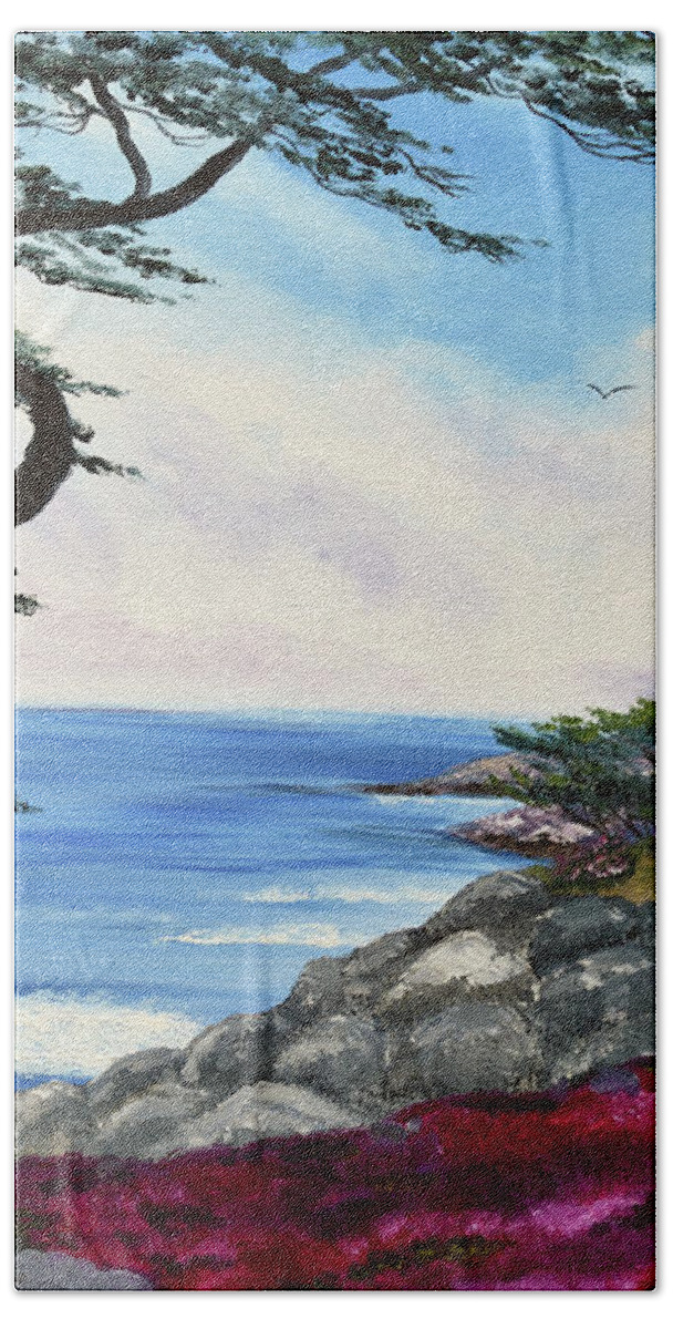 Painting Bath Towel featuring the painting Cypress Tree at Carmel by Laura Iverson