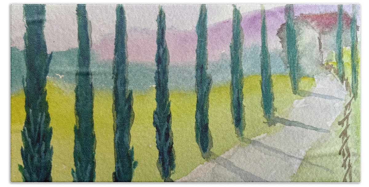 Cypress Trees Bath Towel featuring the painting Cypress Trees Landscape by Roxy Rich