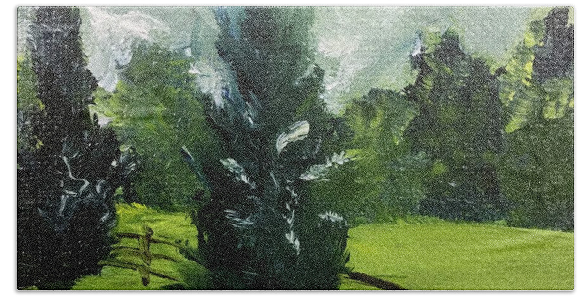Cypress Trees Bath Towel featuring the painting Cypress Trees by Roxy Rich