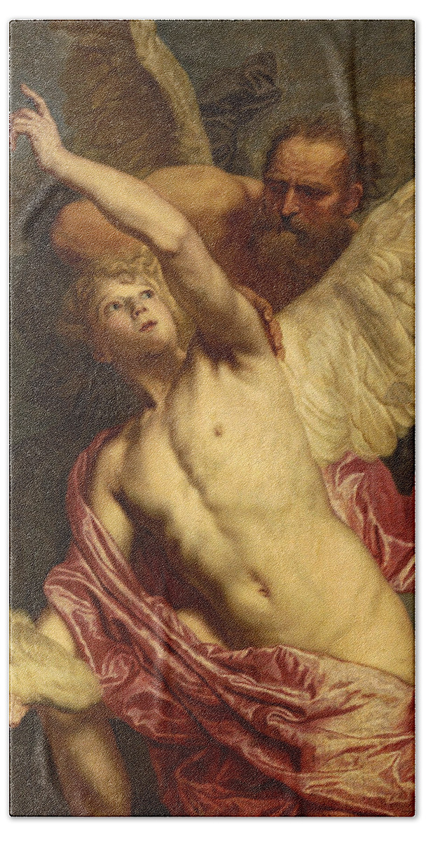 Pieter Thijs Bath Towel featuring the painting Daedalus fixing wings onto the shoulders of Icarus by Pieter Thijs