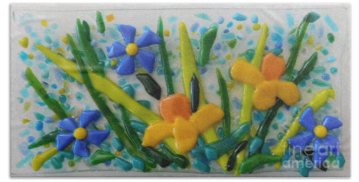 Floral Garden Painted With Tiny Pieces Of Glass. Fused Glass Tray Which Is The Perfect Size To Be Used As A Soap Dish Hand Towel featuring the glass art Daffodils and Forget Me Nots by Joan Clear