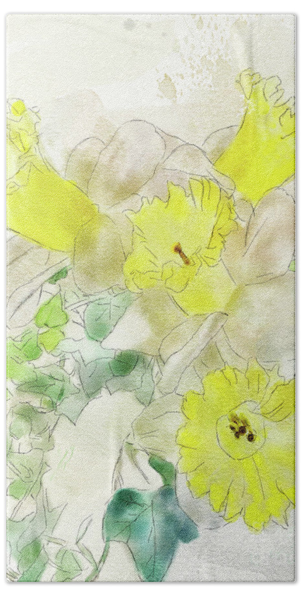 Flowers Bath Towel featuring the digital art Daffodils And Ivy by Lois Bryan