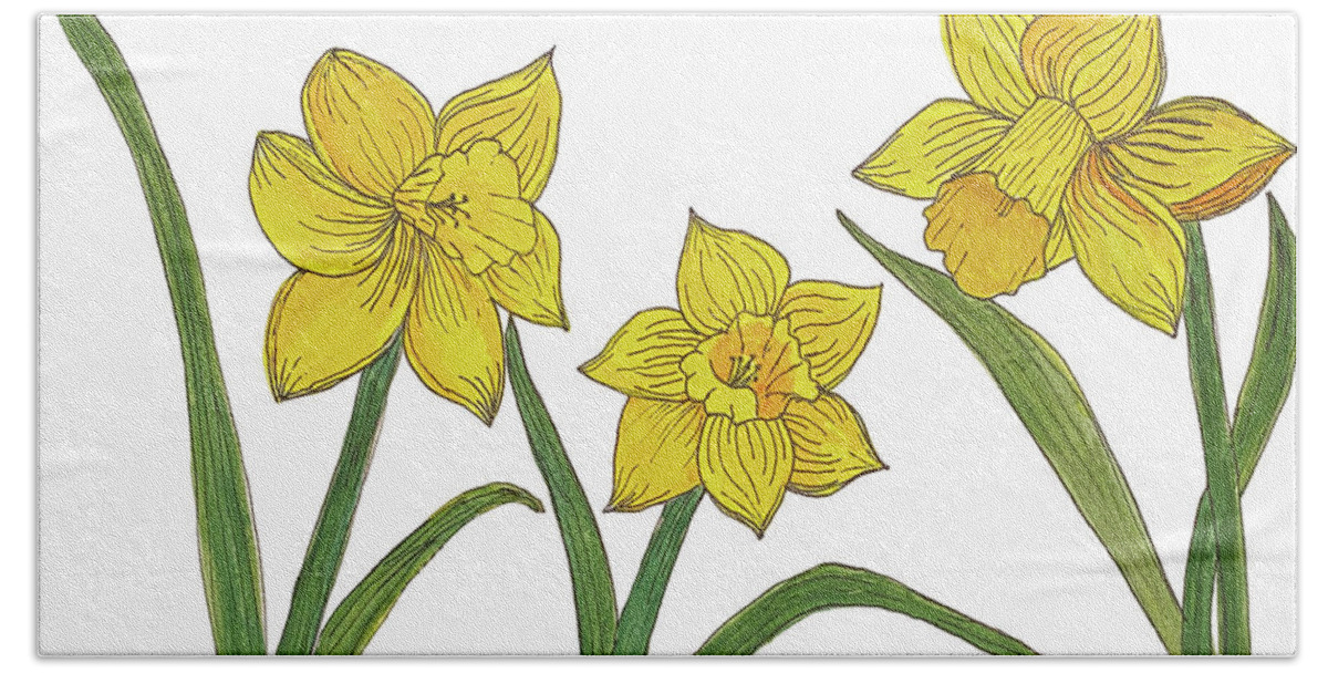 Daffodils Hand Towel featuring the mixed media Daffodils by Lisa Neuman
