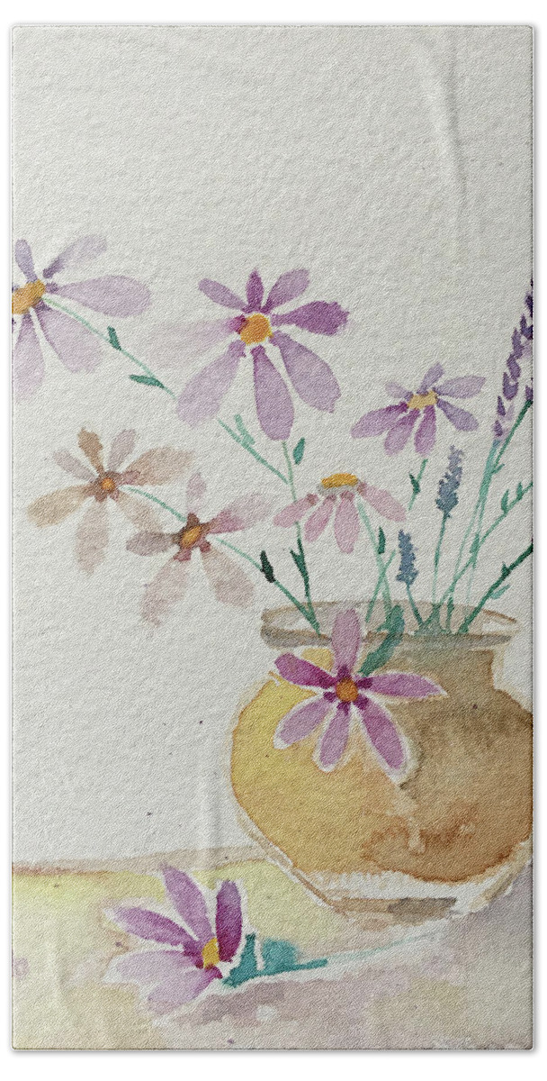 Daisies Hand Towel featuring the painting Daisies and Lavender by Roxy Rich