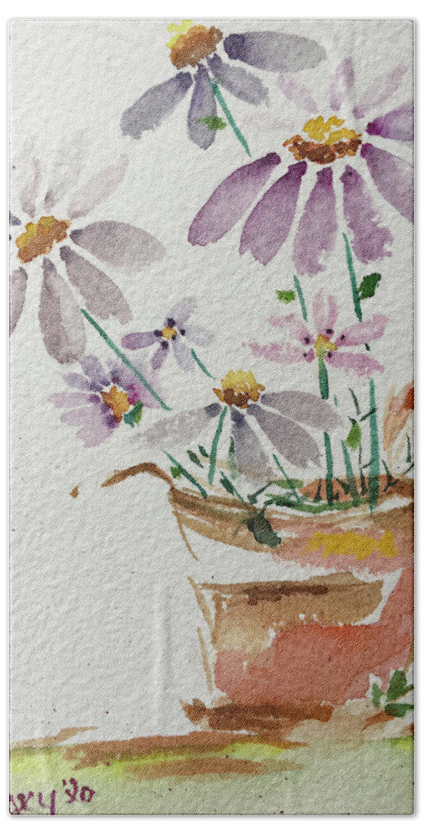Daisy Bath Towel featuring the painting Daisies in a Rusty Copper Pitcher by Roxy Rich